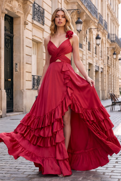Red Cross Wrap Cutout Ruffle Satin Prom Dress