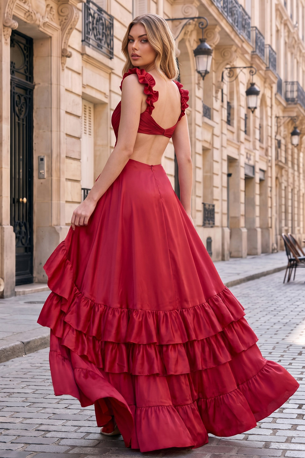 Red Cross Wrap Cutout Ruffle Satin Prom Dress