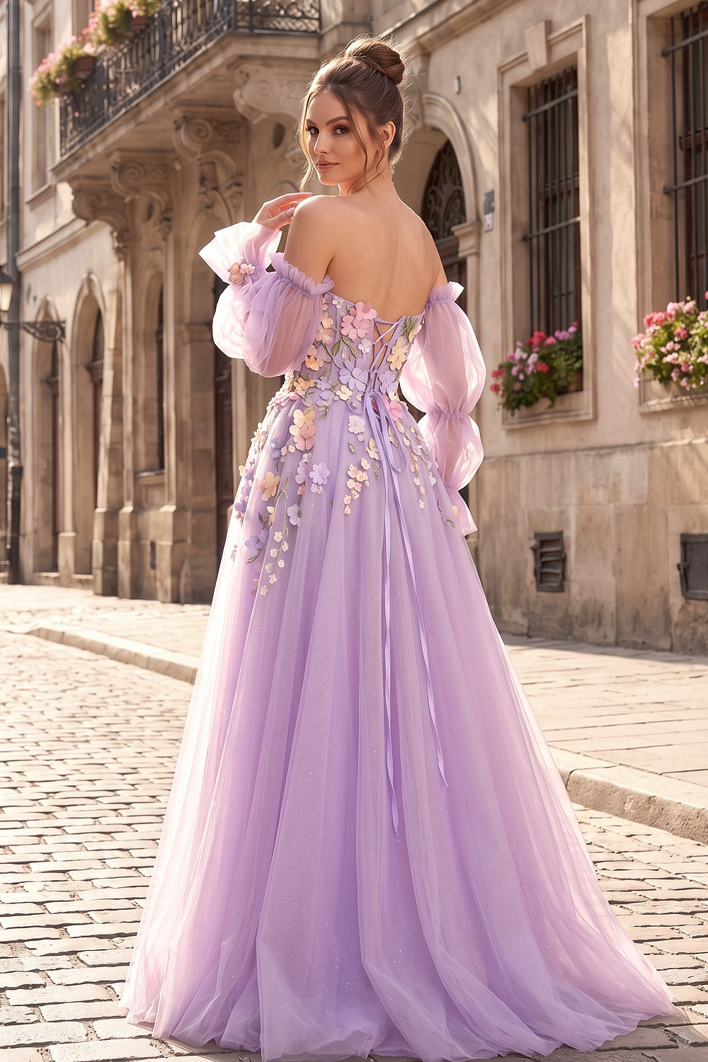 Lilac Off Shoulder Puff Sleeve 3D Floral Prom Dress