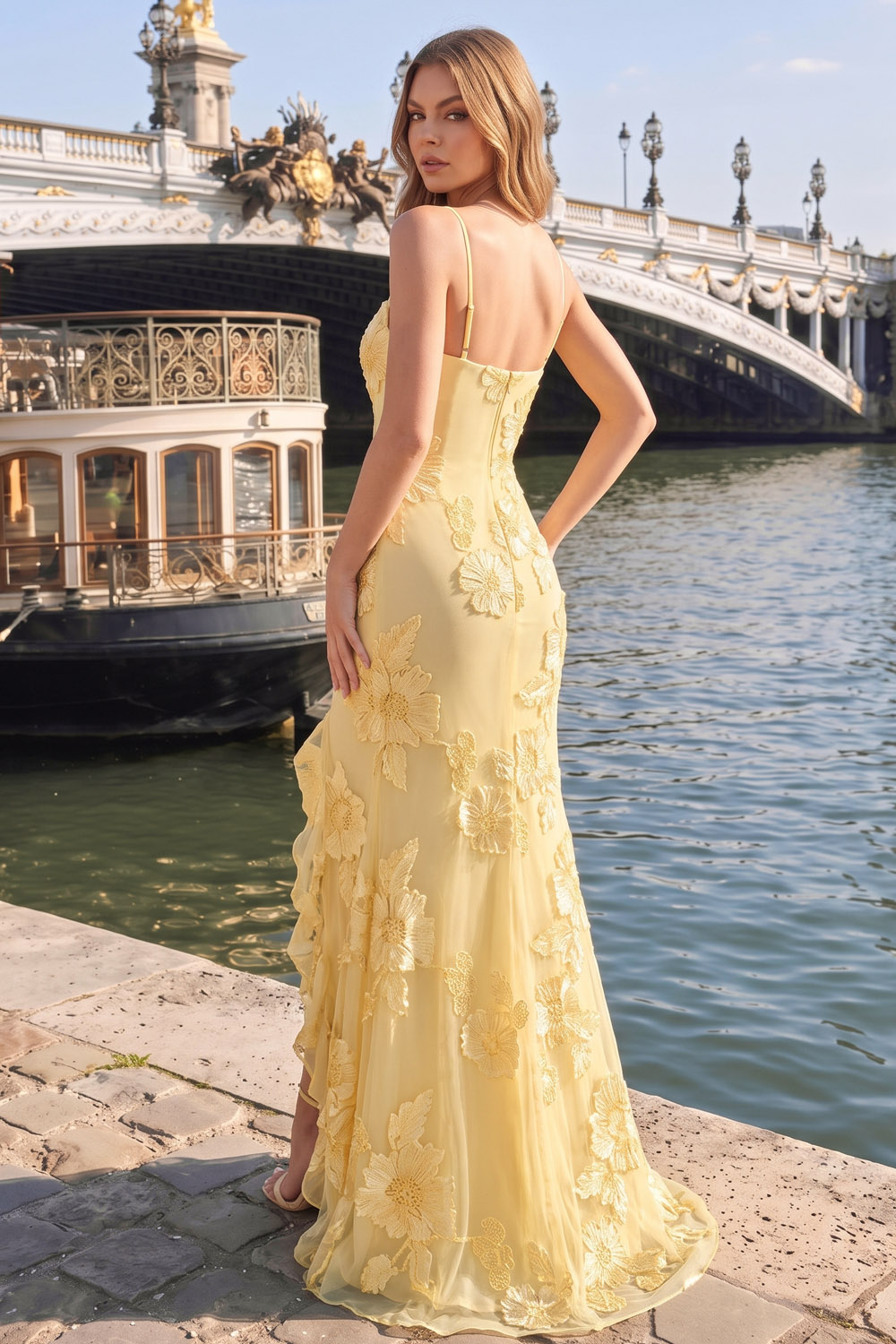 Yellow Spaghetti Strap Mermaid Prom Dress