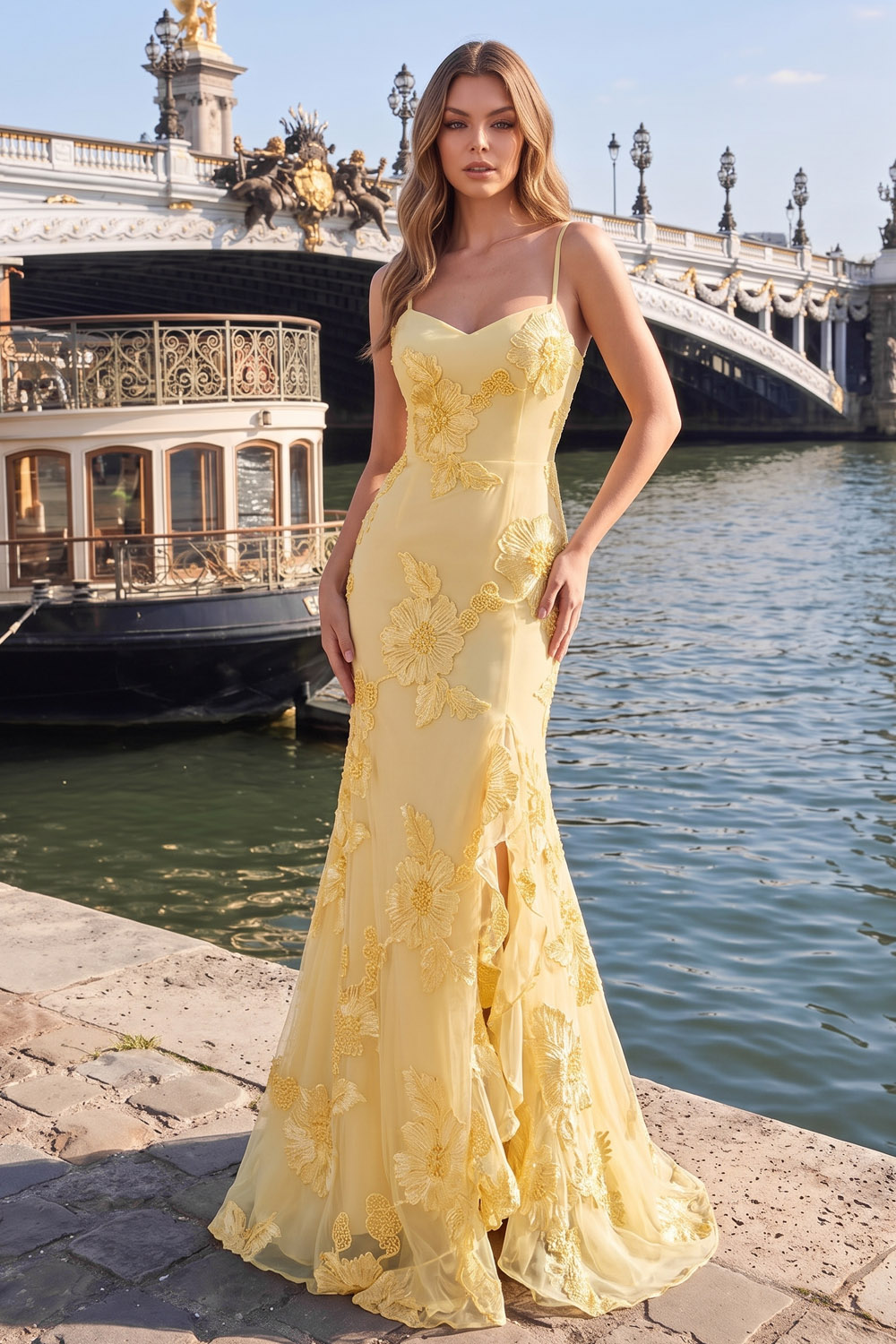 Yellow Spaghetti Strap Mermaid Prom Dress