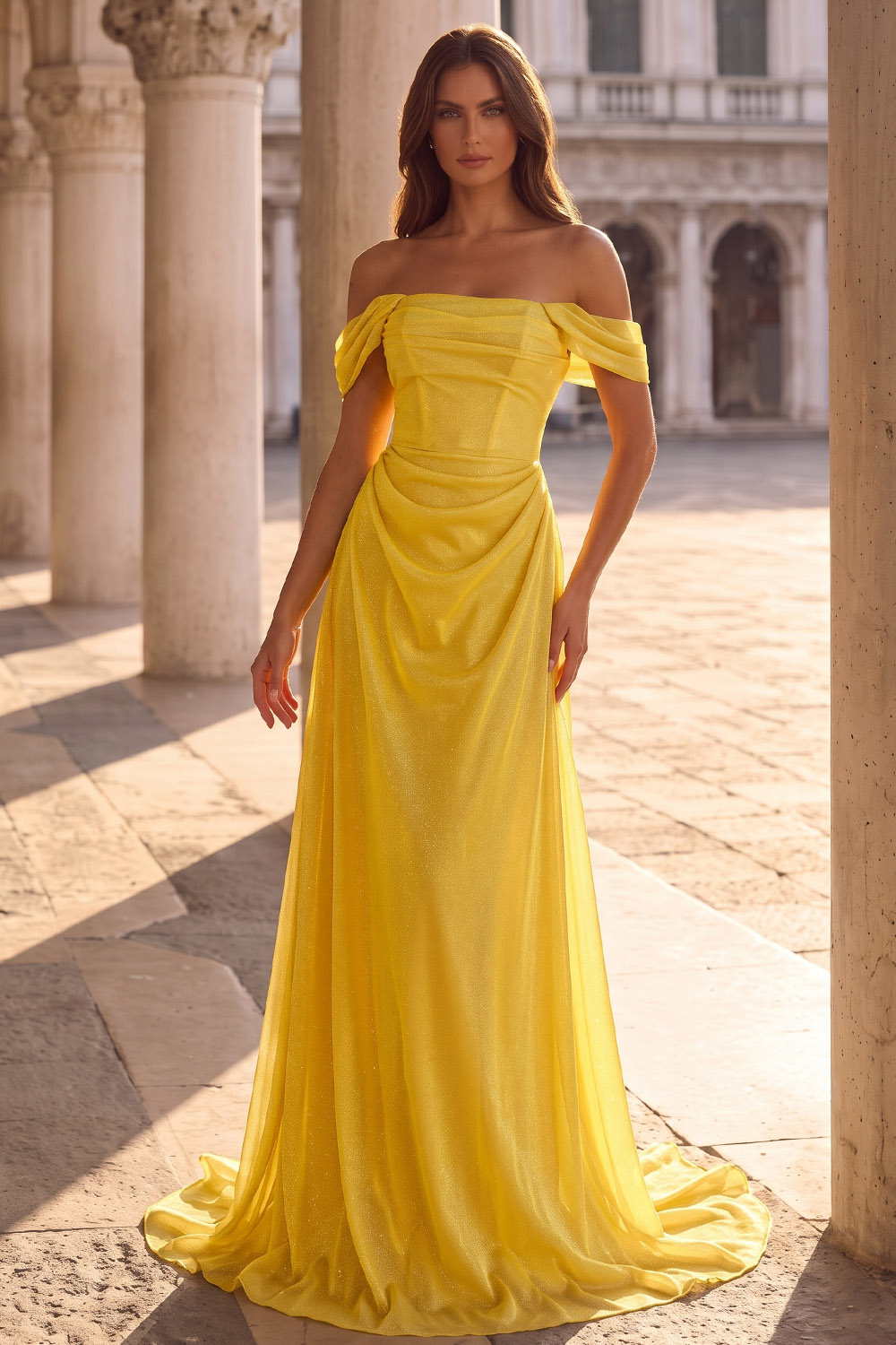 Yellow Off The Shoulder Draped Chiffon Prom Dress
