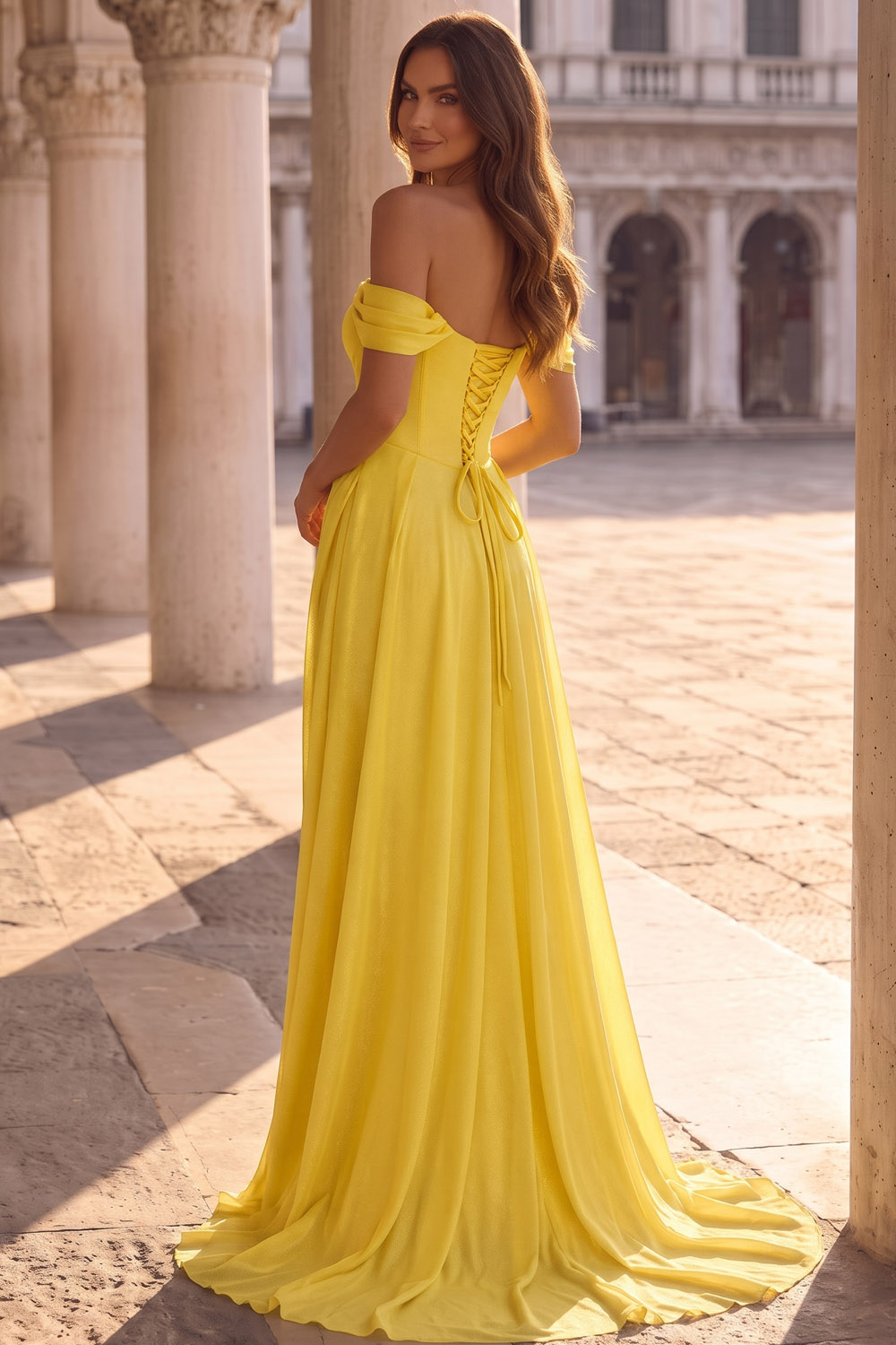 Yellow Off The Shoulder Draped Chiffon Prom Dress
