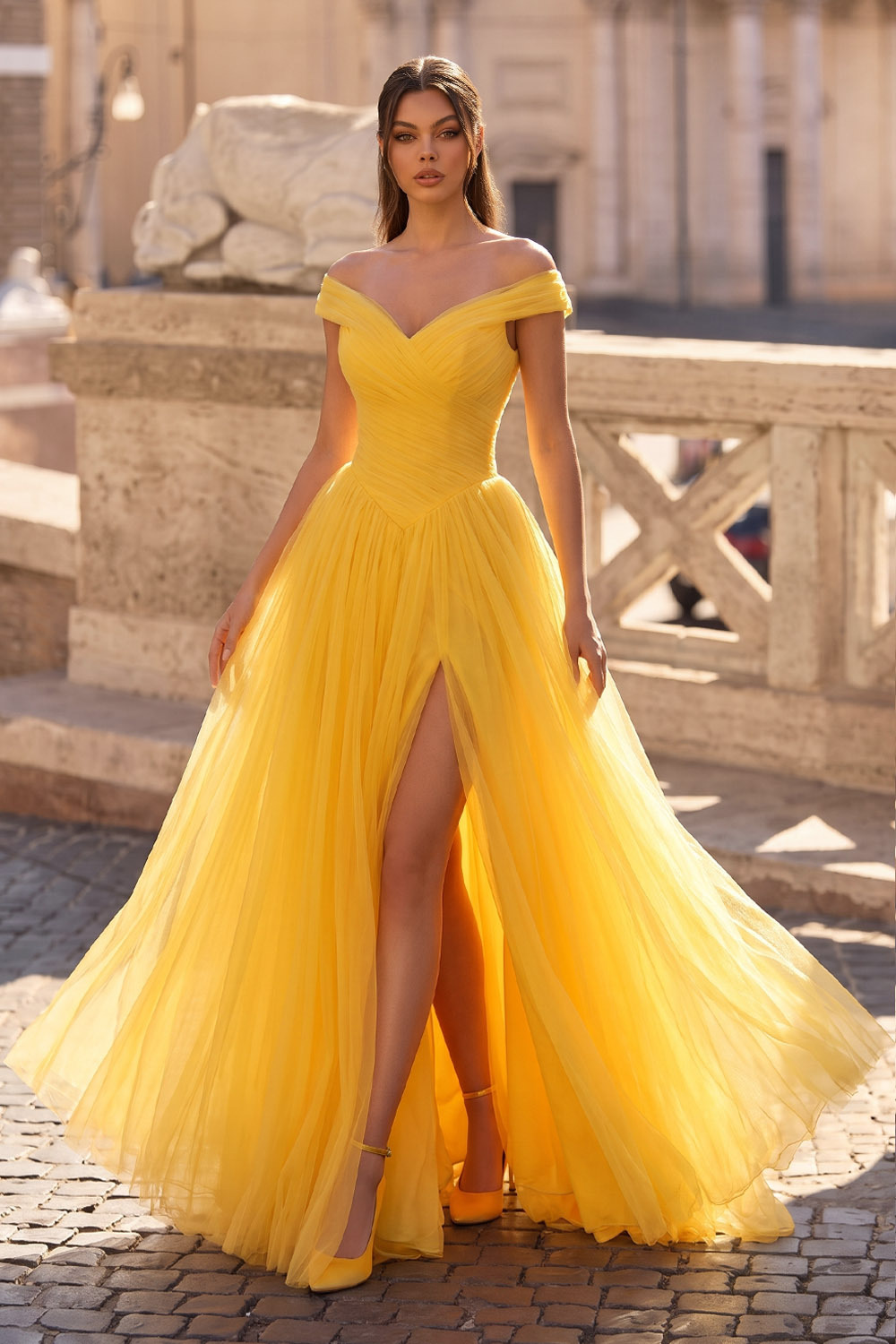 Yellow Off The Shoulder Ruched Tulle Prom Dress-chiclody