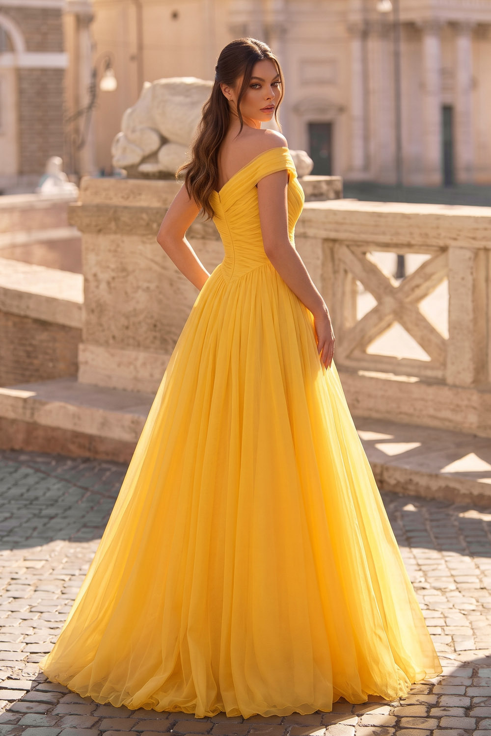 Yellow Off The Shoulder Ruched Tulle Prom Dress