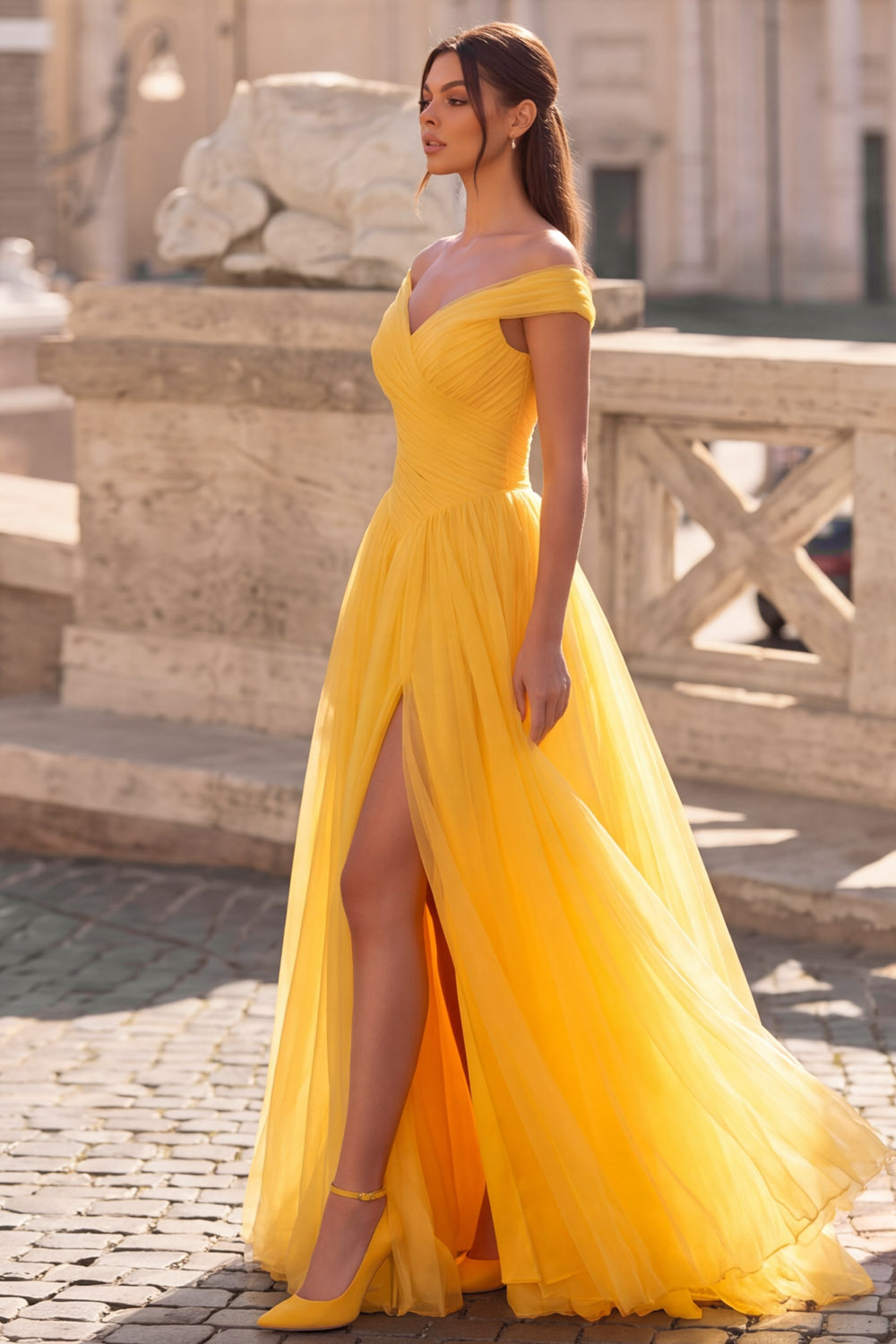 Yellow Off The Shoulder Ruched Tulle Prom Dress