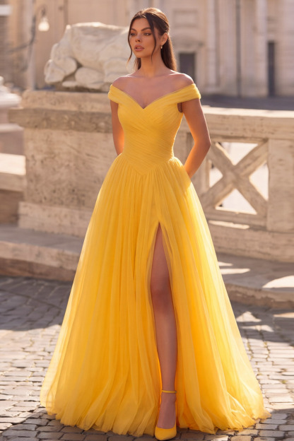 Yellow Off The Shoulder Ruched Tulle Prom Dress
