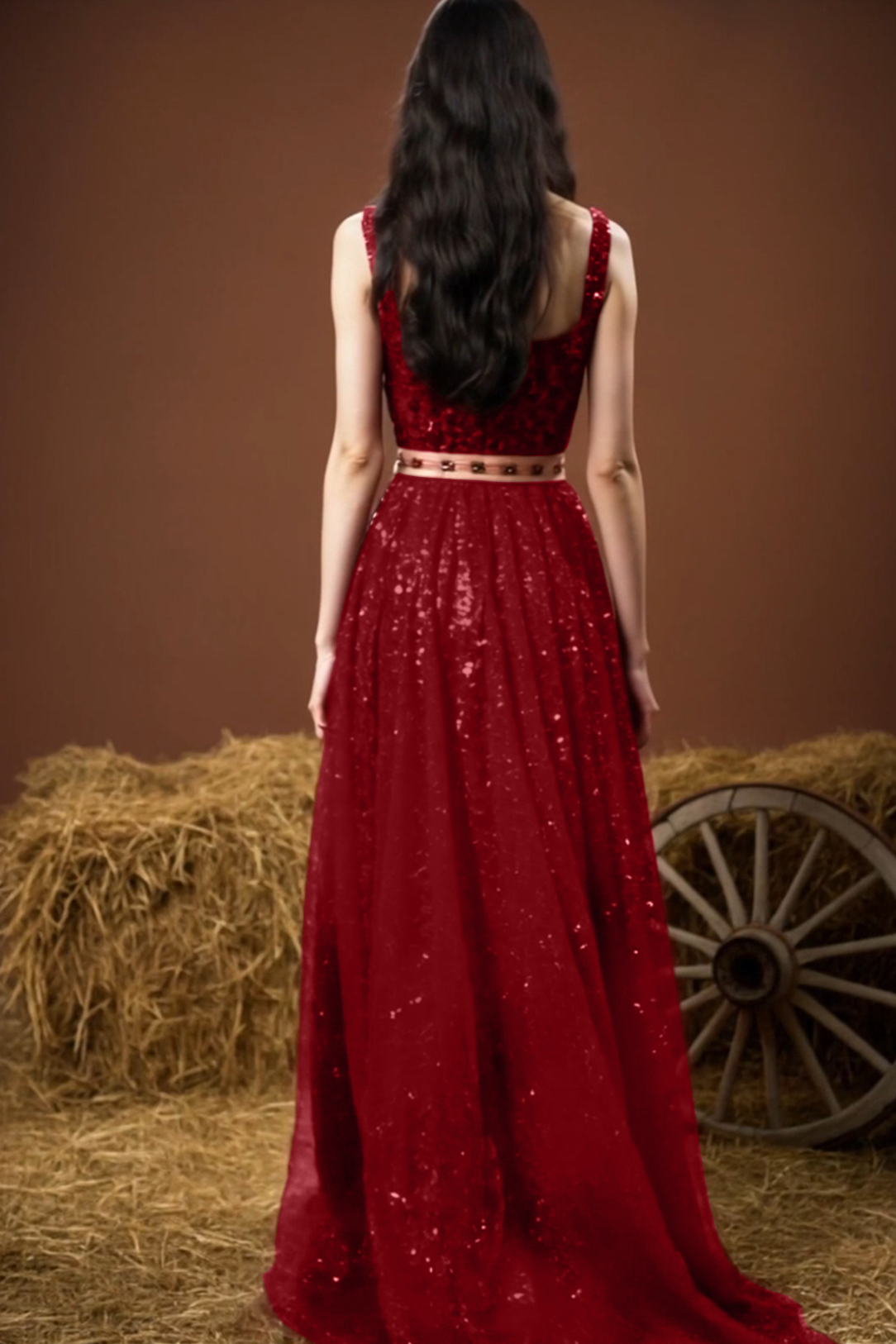 Evening Sequin Dress Red Spaghetti Straps Mesh Floor-Length Gown