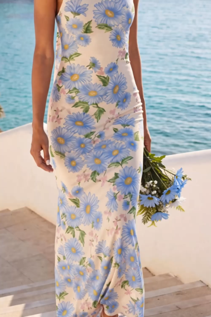 Light Blue Floral Wedding Guest Dress Mermaid Halter Maxi Dress with Ribbon