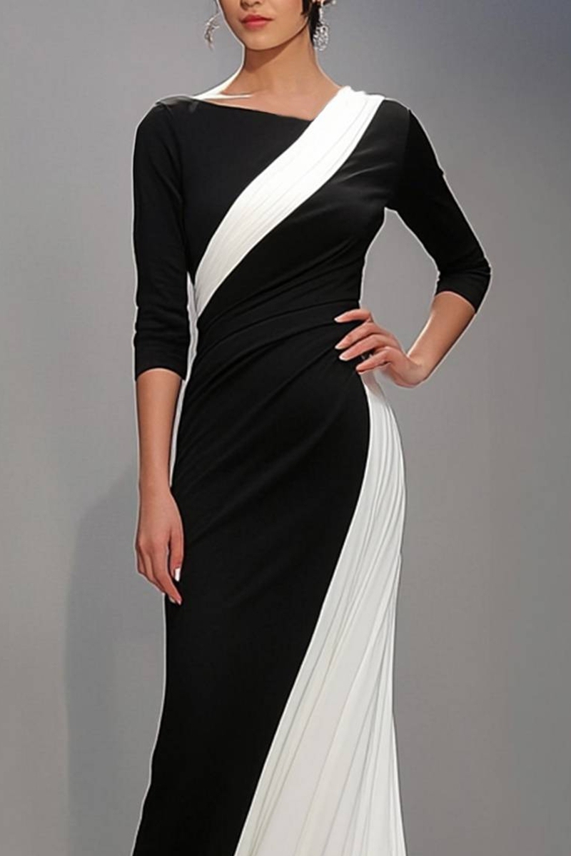 Formal Evening Gown Black White Long-Sleeve Floor-Length Maxi Dress