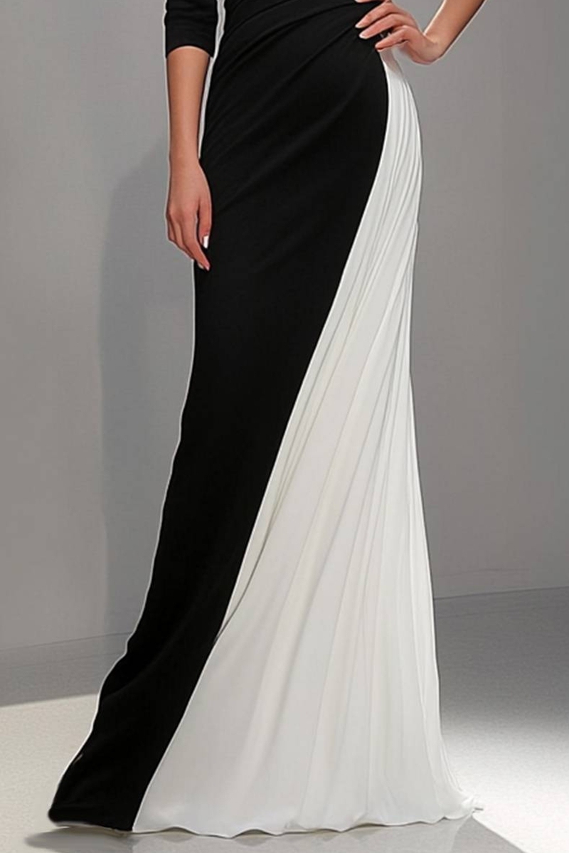 Formal Evening Gown Black White Long-Sleeve Floor-Length Maxi Dress