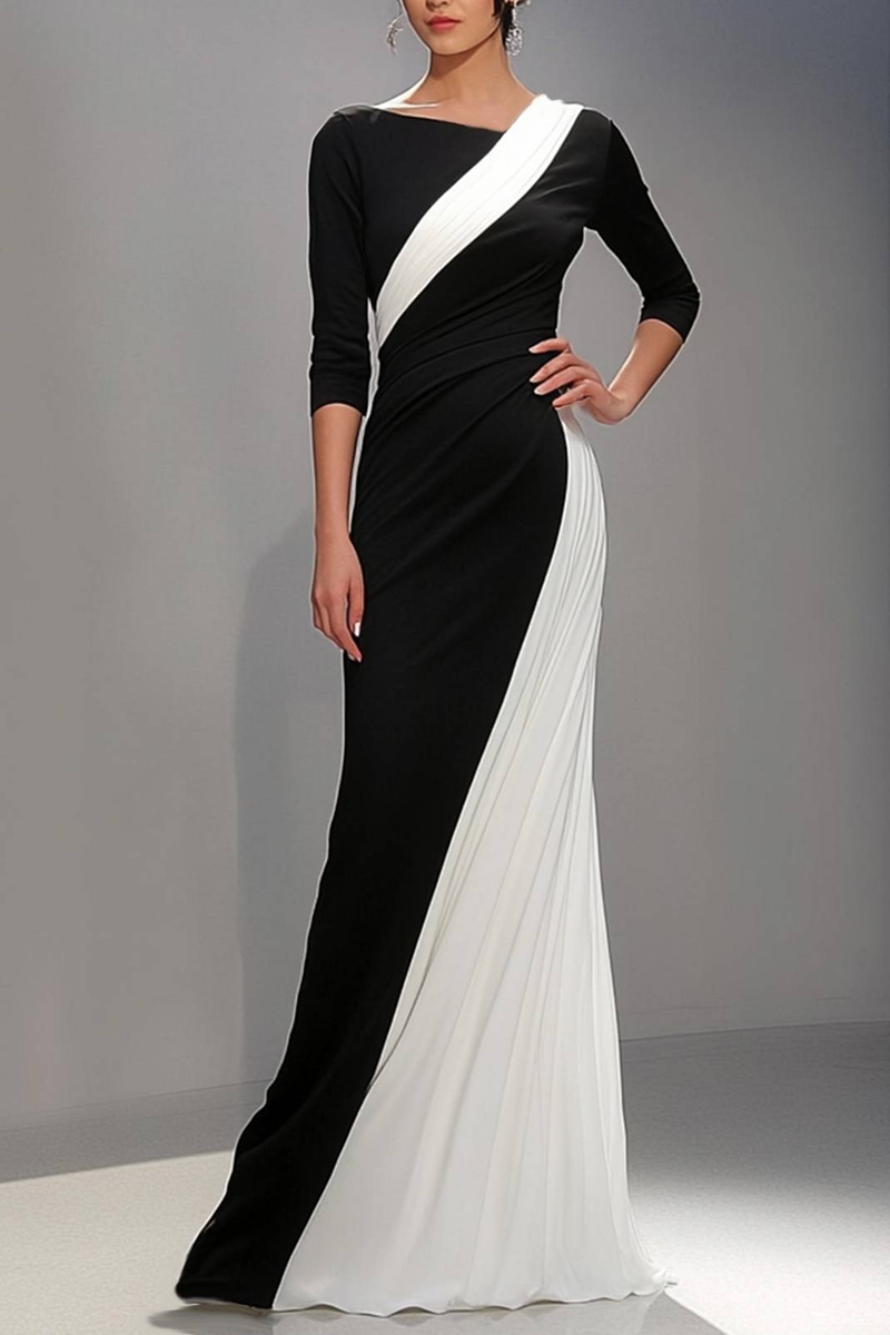 Formal Evening Gown Black White Long-Sleeve Floor-Length Maxi Dress