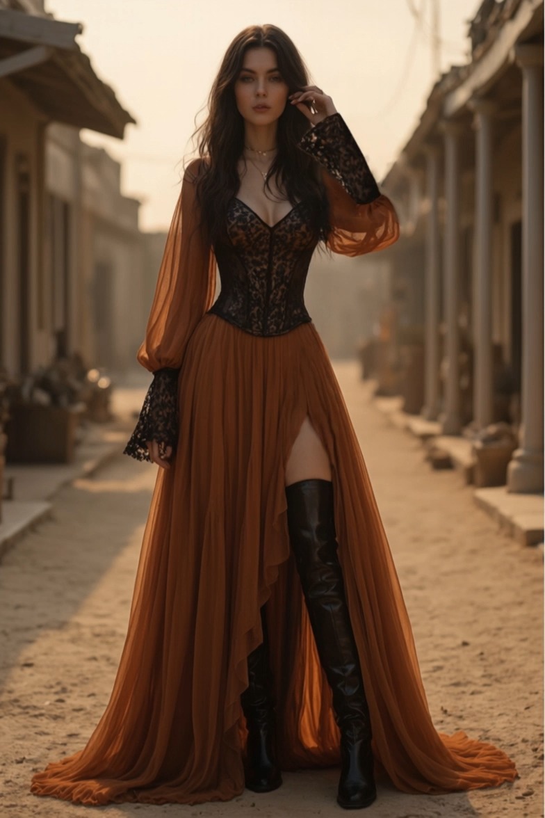 Boho Dress Brown V Neck Lace Slit Maxi Dress