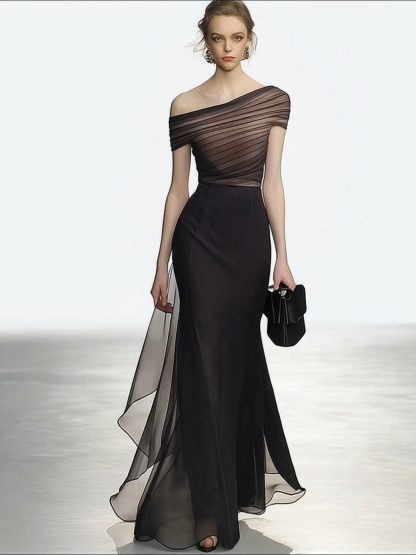 Formal Evening Dress Black One-Shoulder Pleated Chiffon Maxi Dress