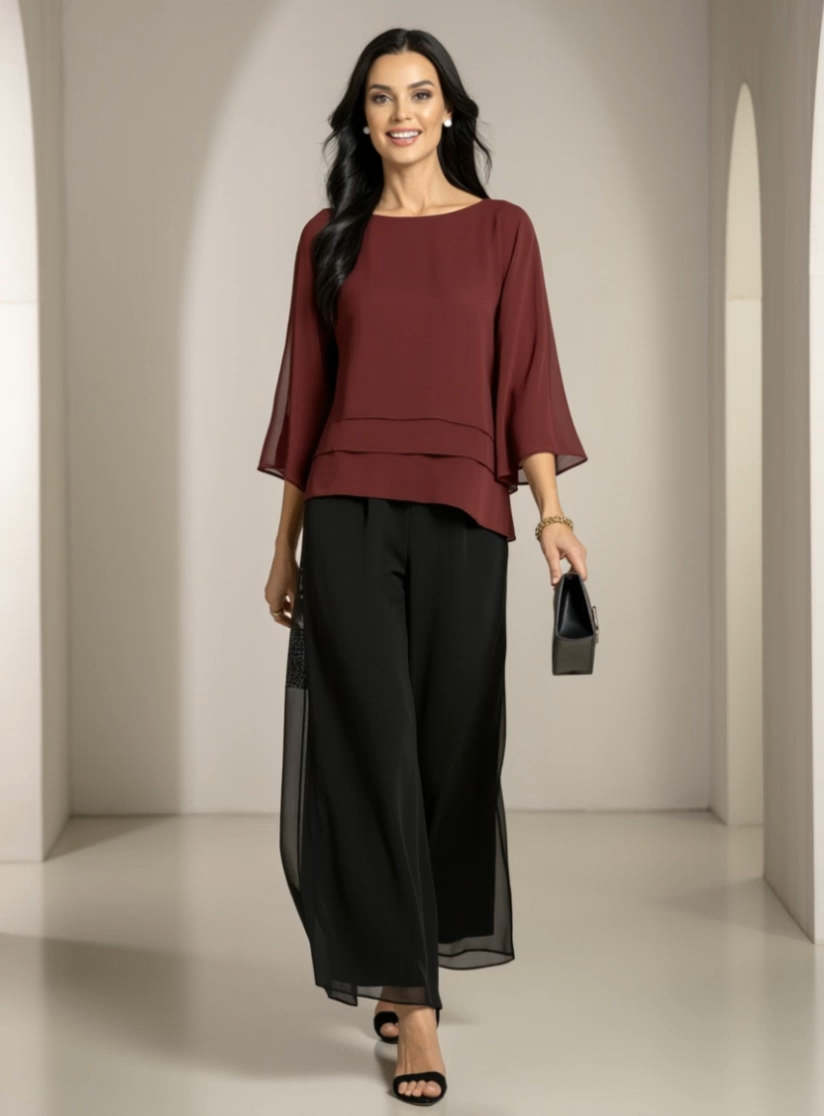 Casual Outfit Sets Burgundy Crew Neck 3/4 Sleeve Wide-Leg Pants Set