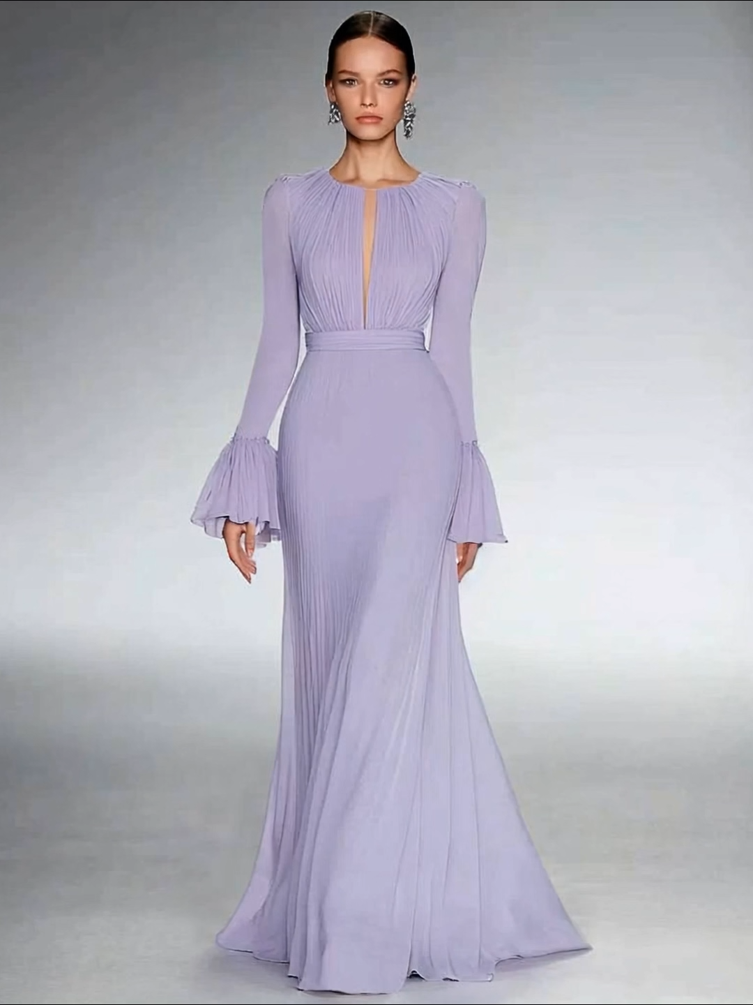 Party Formal Dress Purple Deep V-Neck Long Sleeve Ruffle Floor-Length Dress