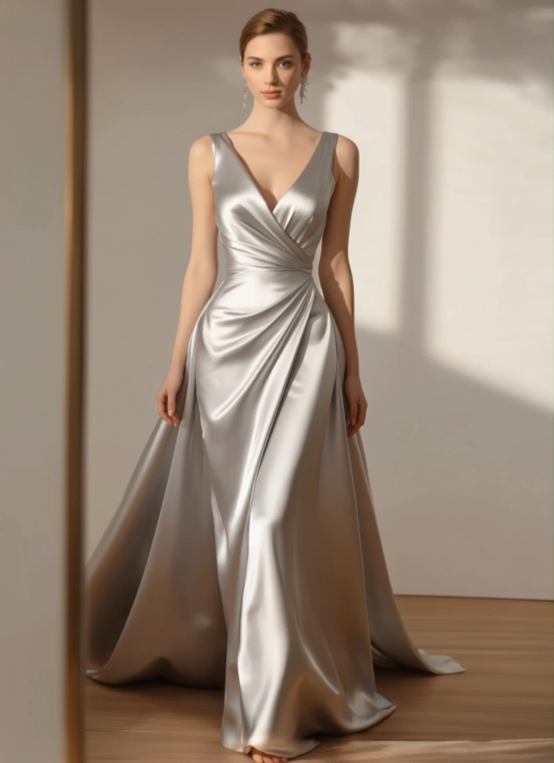 Formal Evening Dress Silver V Neck Satin Maxi Dress