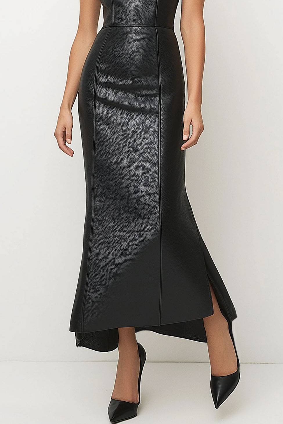 Black Formal Evening Leather Long Dress Sleeveless Leather Asymmetrical Gown