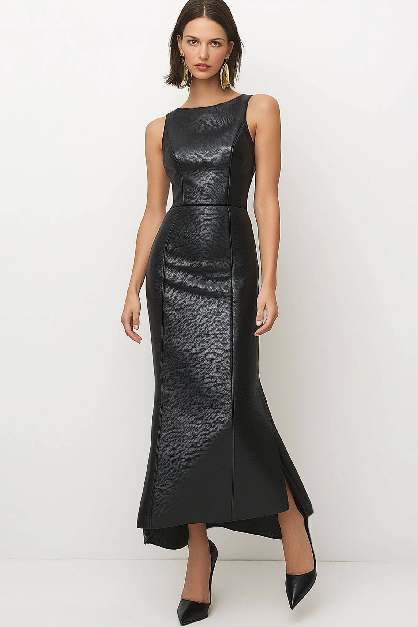 Black Formal Evening Leather Long Dress Sleeveless Leather Asymmetrical Gown