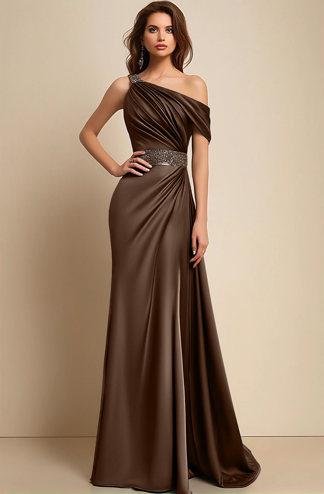 Formal Dress Green One-Shoulder Rhinestone Waist Belt Floor-Length Dre