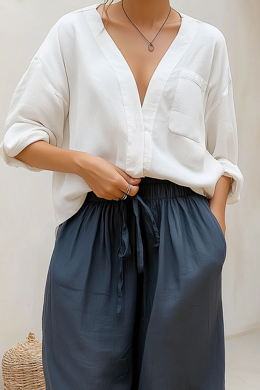 Casual Daily Shirt White V-Neck Long Sleeve Shirt