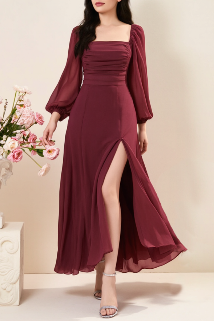 ​Cocktail ​Semi Formal Dress​​ Burgundy Square Neck Maxi Dress