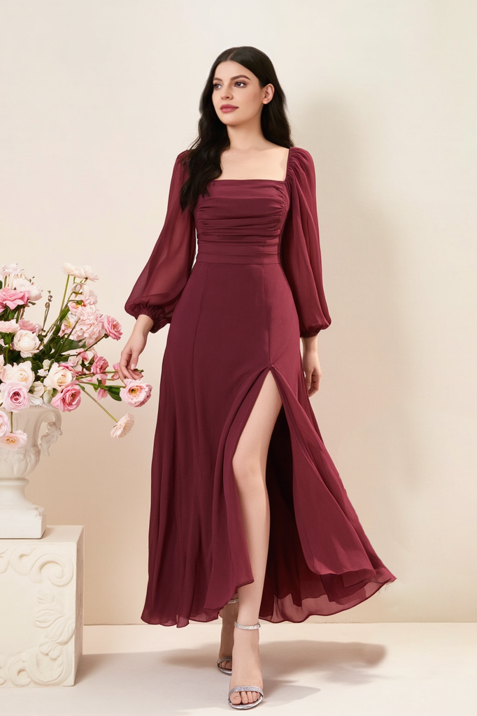 ​Cocktail ​Semi Formal Dress​​ Burgundy Square Neck Maxi Dress