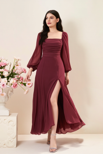 ​Cocktail ​Semi Formal Dress​​ Burgundy Square Neck Maxi Dress