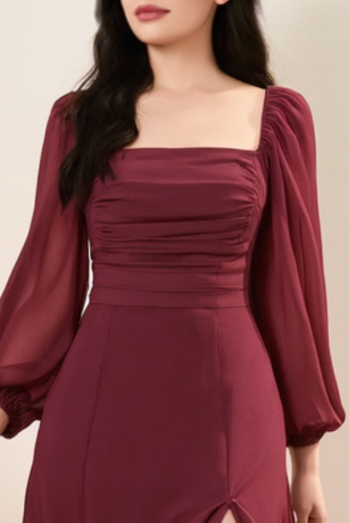 ​Cocktail ​Semi Formal Dress​​ Burgundy Square Neck Maxi Dress