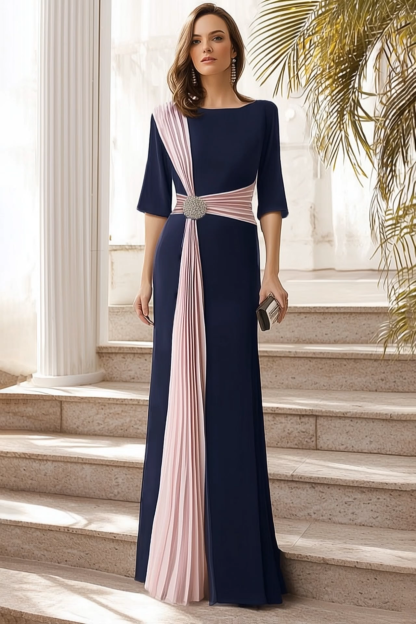 Formal Evening Dress Navy Crew Neck Colorblock Maxi Dress