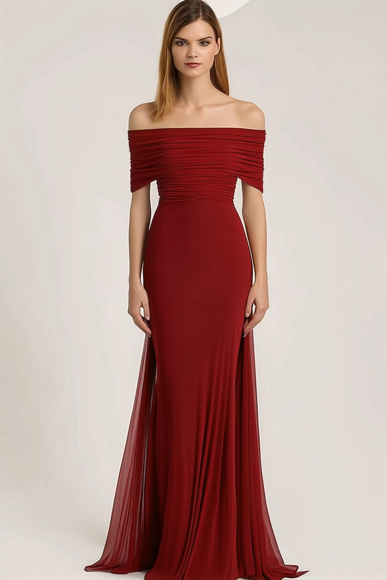 Evening Formal Dress Red Off-Shoulder Chiffon Floor-Length Gown