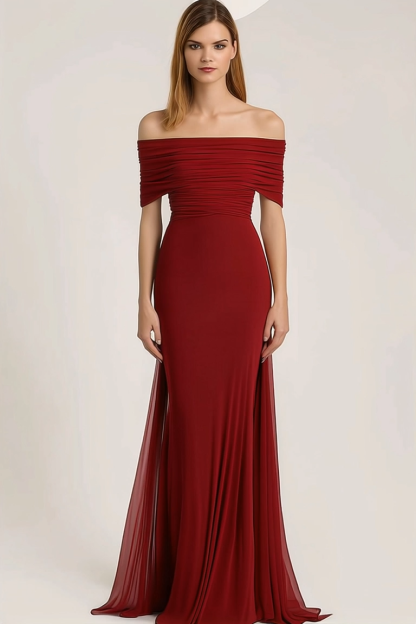 Evening Formal Dress Red Off-Shoulder Chiffon Floor-Length Gown
