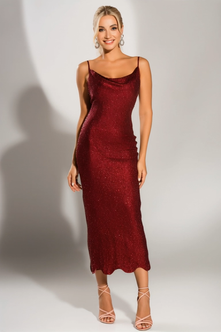 Cocktail Party Dress Red Spaghetti Strap Cowl Neck Stretchy Midi Dress