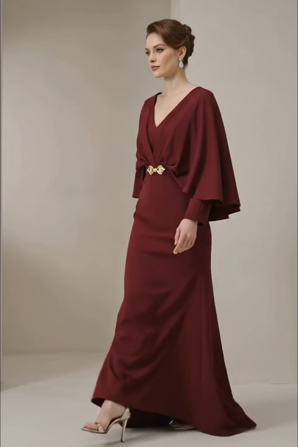 Evening Dress Purple V Neck Cap Belted Maxi Mother of the Bride Dress