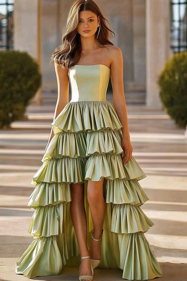 Prom Party Tiered Dress Light Green Strapless High Low Floor Dress