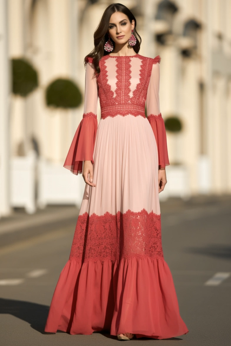 Holiday Pink Dress Lace Chiffon Crew Neck Bell Long Sleeve Maxi Dress