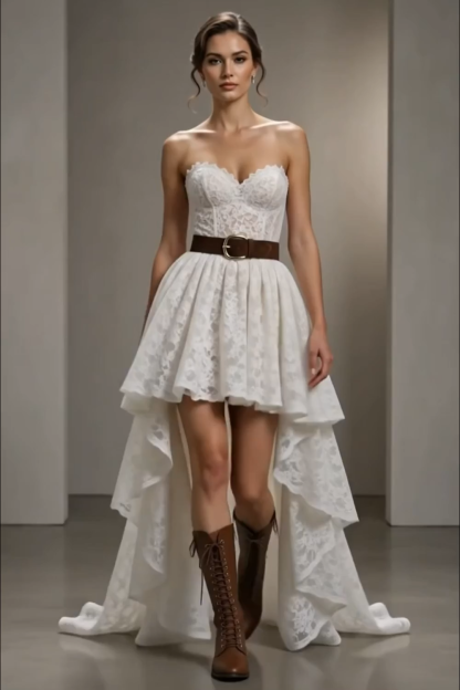 Bohemian Swing Lace Dress White Strapless Belted Maxi Dress