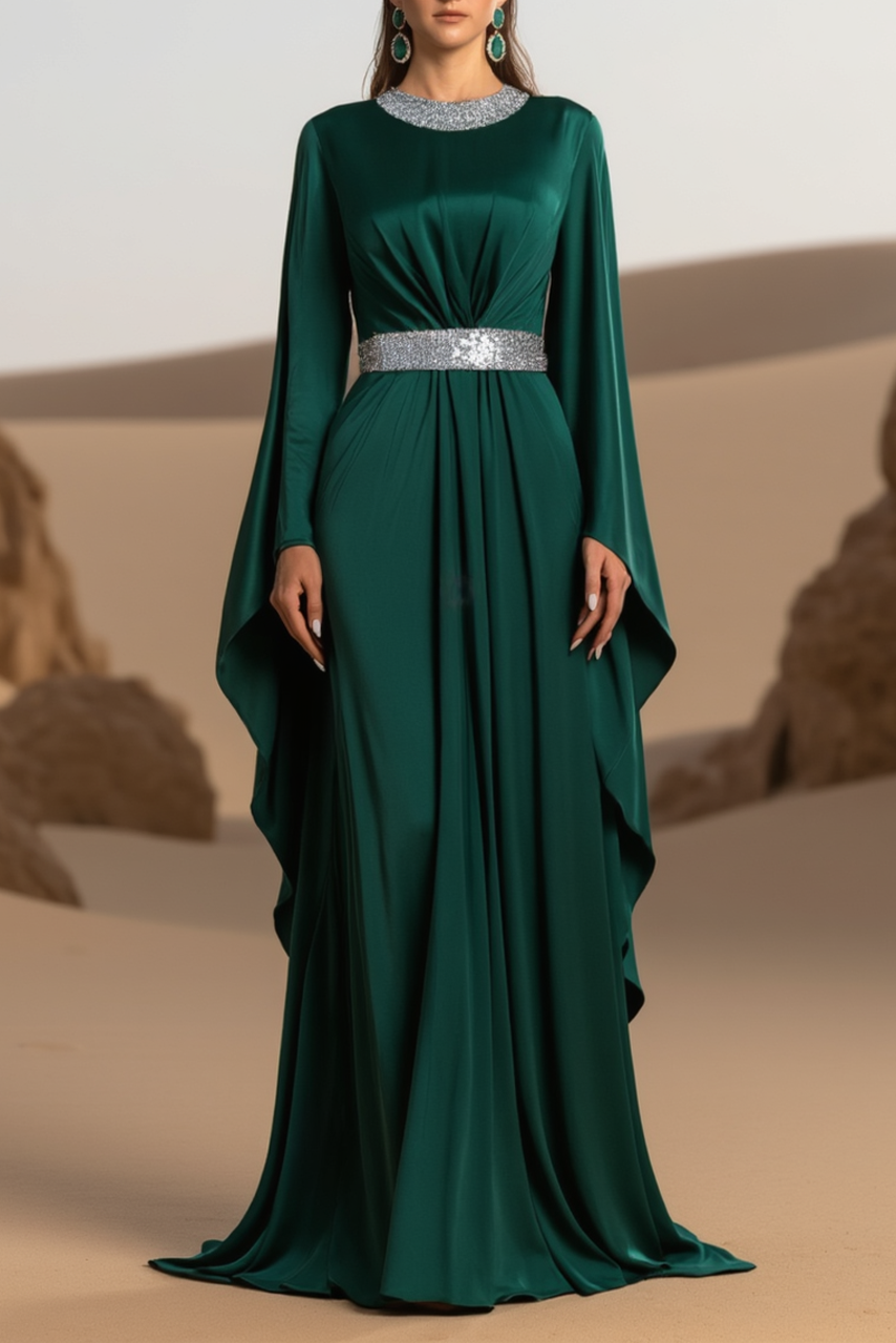 Formal Evening Dress Green Crew Neck Belted Maxi Dress