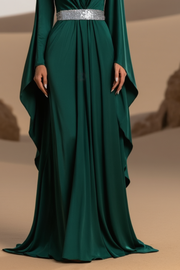 Formal Evening Dress Green Crew Neck Belted Maxi Dress