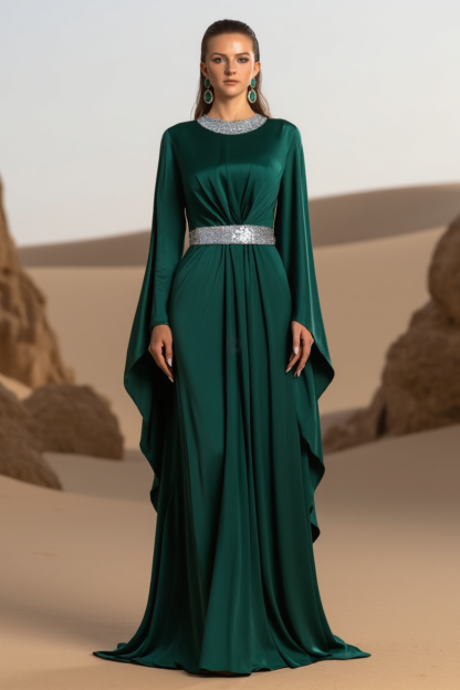 Formal Evening Dress Green Crew Neck Belted Maxi Dress