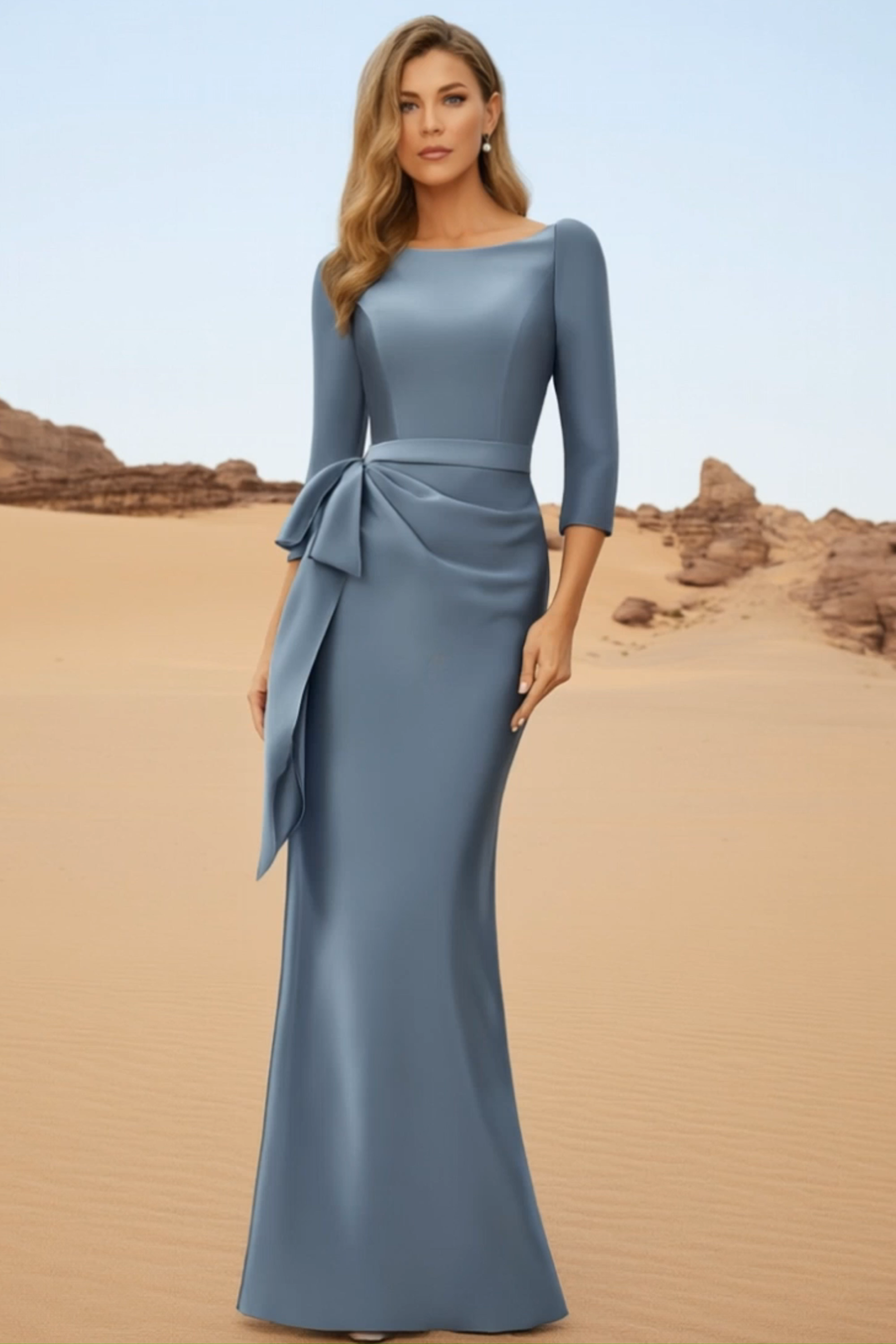 Evening Dress Blue Crew Neck 3/4 Length Sleeve Maxi Dress