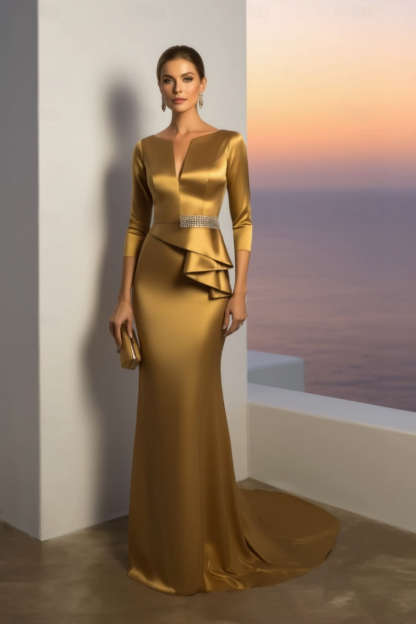 Formal ​Evening Dress Golden V Neck Maxi Satin Dress