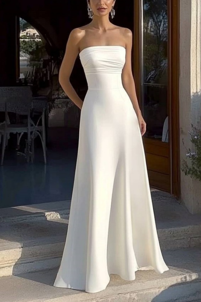 Formal Satin Dress​​ White Strapless Floor-Length Dress