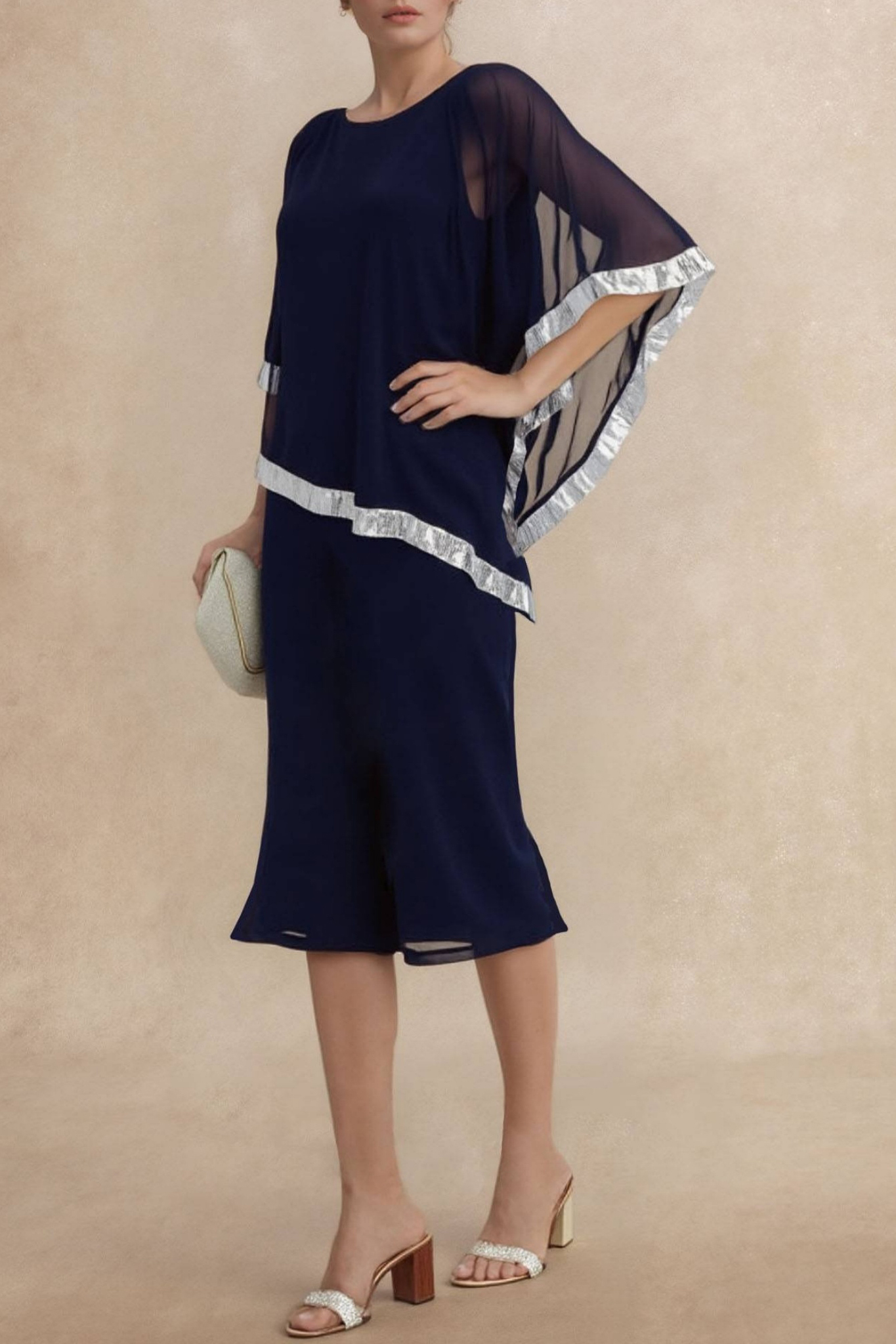 Mom Dress​​ Black Mesh Colorblock Crew Neck Knee Dress