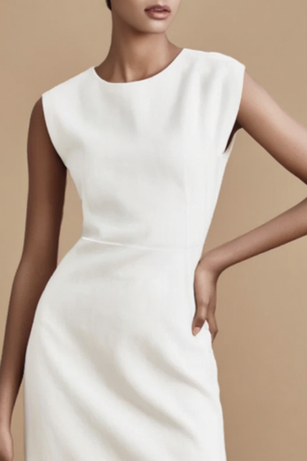 Office midi dress with crew neck and lace detail