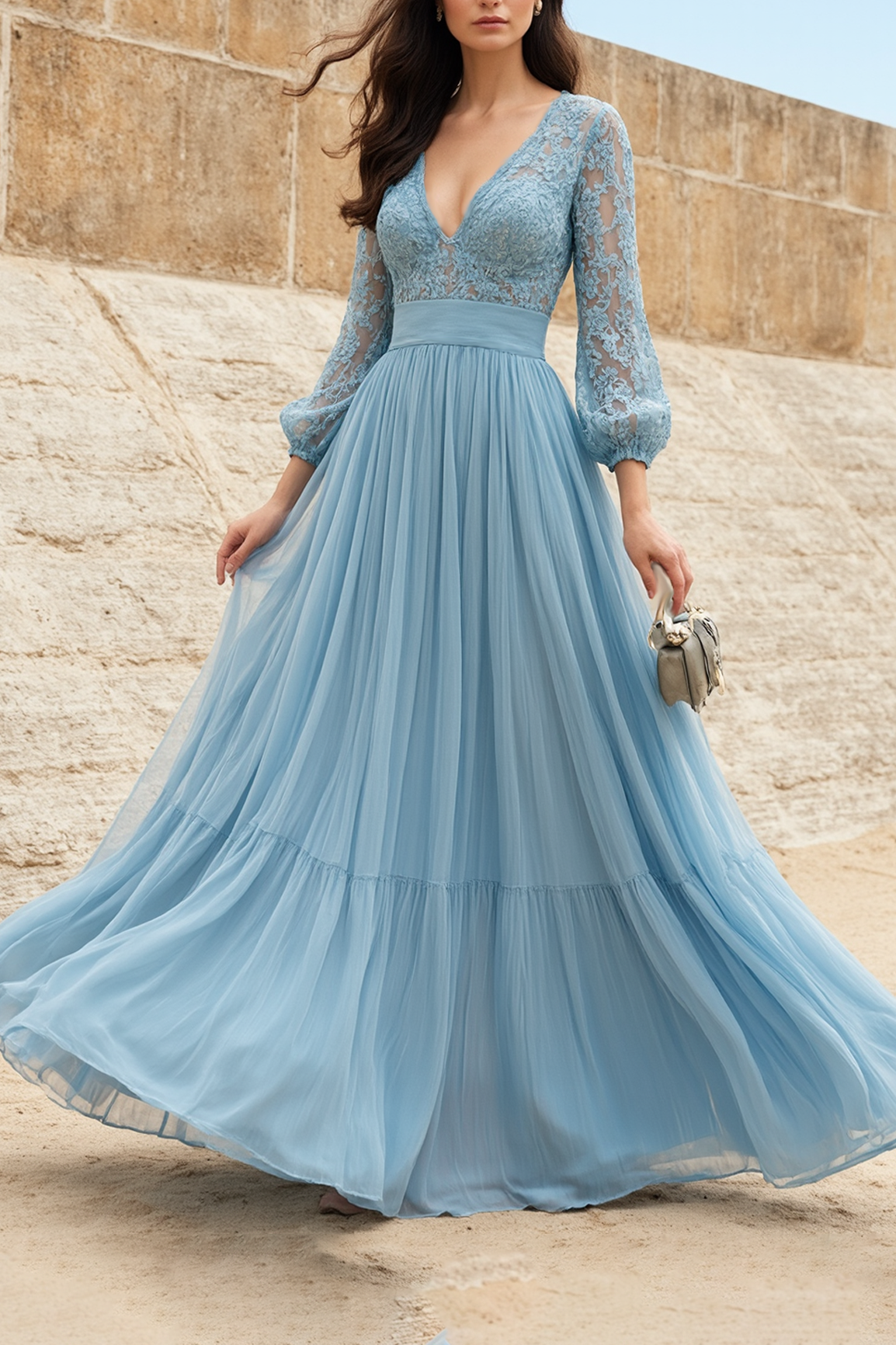 Evening Swing Dress Blue V Neck Lace Maxi Dress