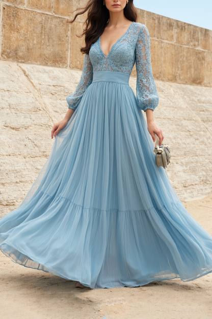 Evening Swing Dress Blue V Neck Lace Maxi Dress