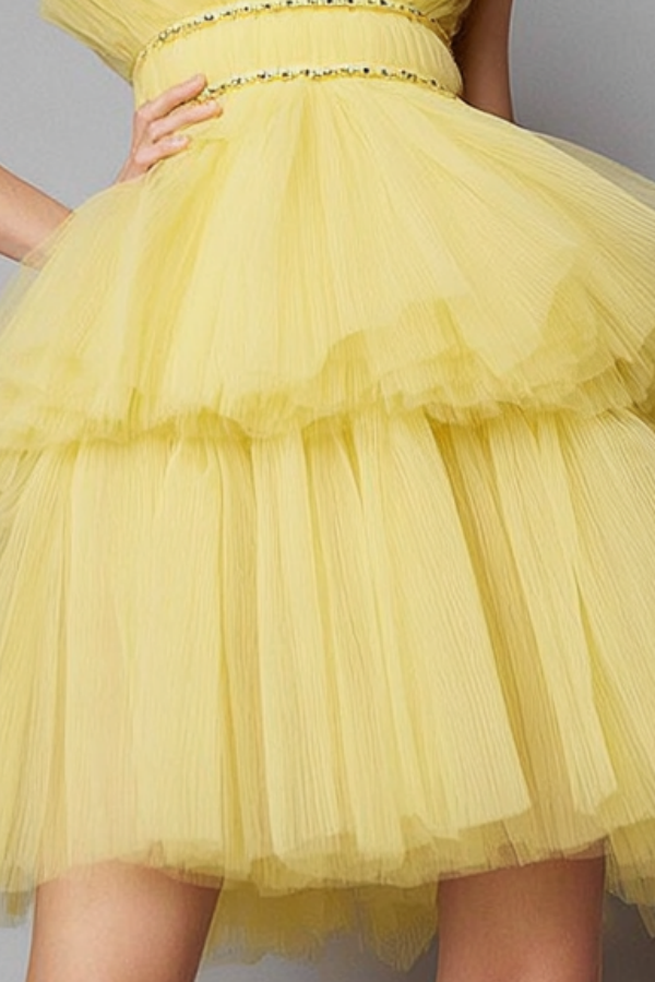 Homecoming Party Dress Yellow Spaghetti Strap Mini Tiered Dress