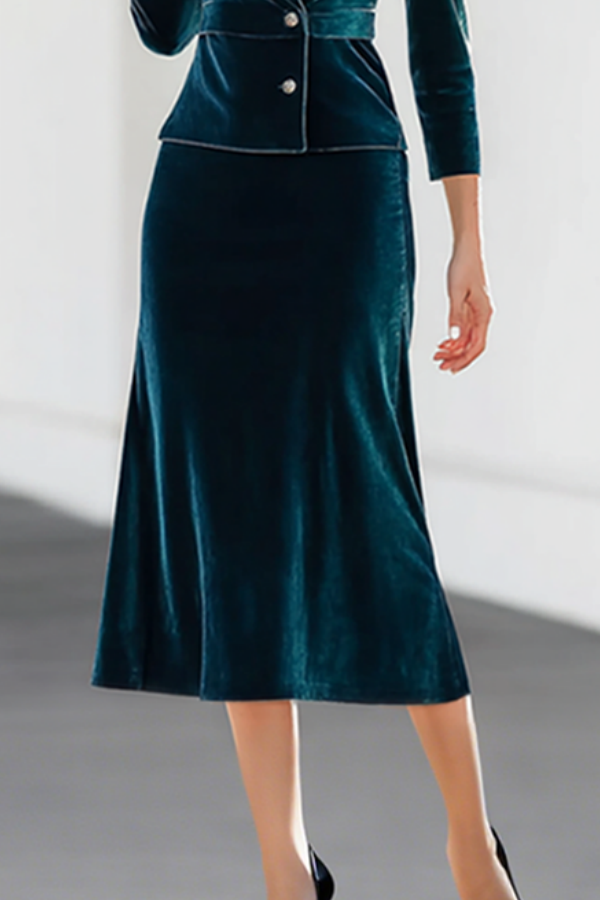 Outfit Sets Blue Lapel Velvet Skirts Set