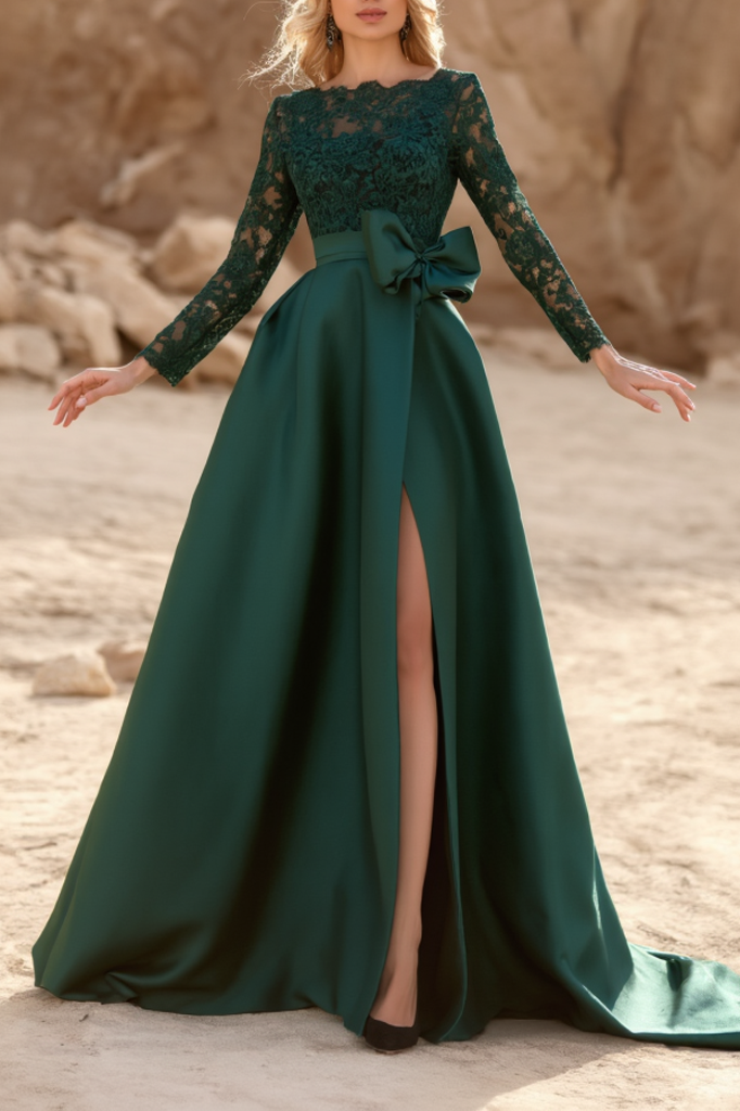 Formal Evening Dress Green Crew Neck Lace Bow Maxi Dress
